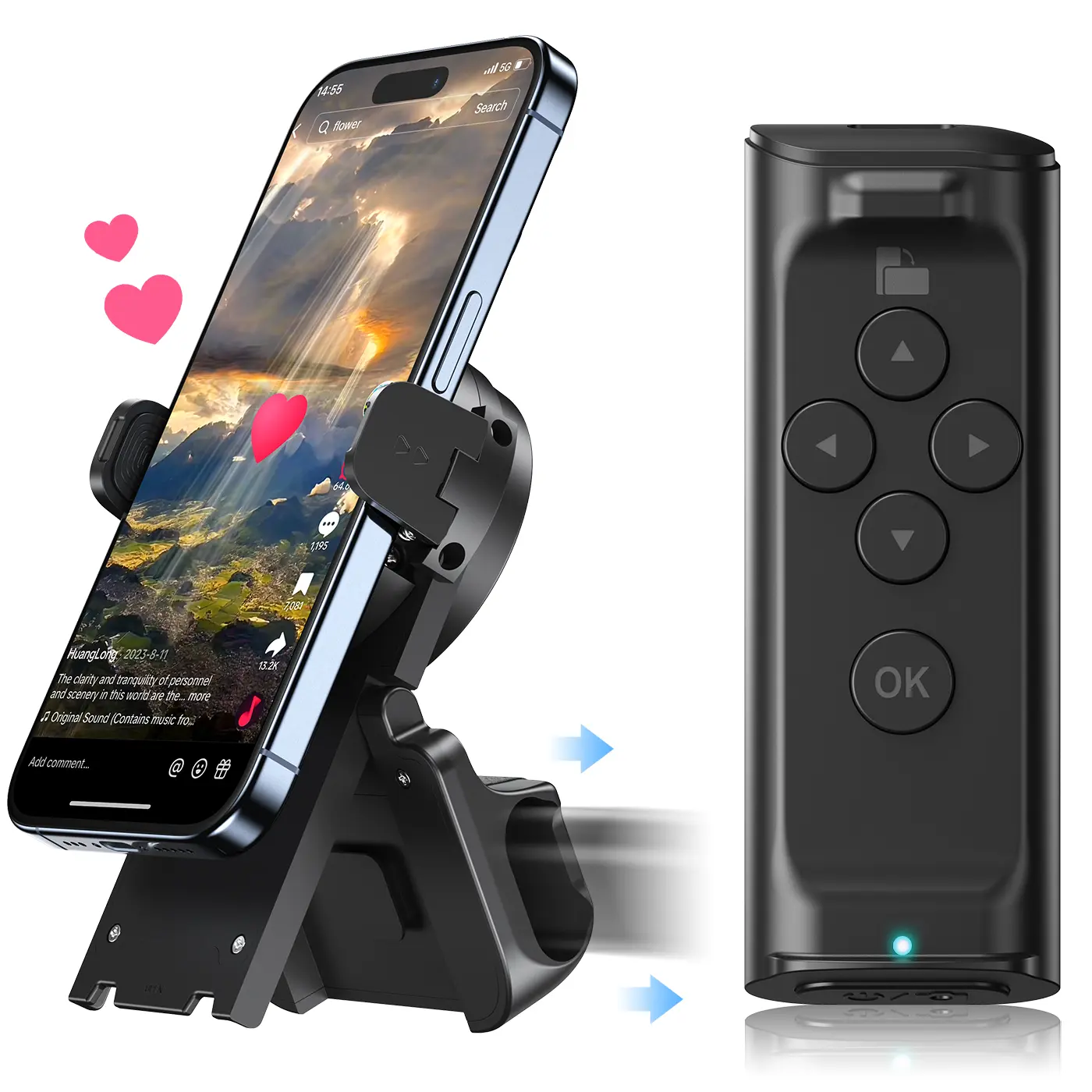 Cordless TikTok Scrolling Remote Control with Mobile Phone Holder Stand, Wireless Page Turner, Camera Shutter for Video Recording, iOS-Android Cellphone Selfie Accessories, Wireless Scroller