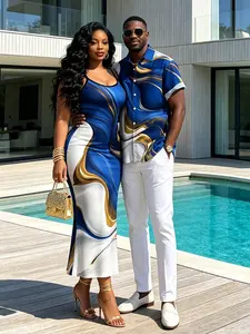 Royal Blue Gold Fluid Abstract Marble Print Matching Couple Outfits - Men's Short Sleeve Shirt and Women's Spaghetti Strap Bodycon Maxi Dress Vacation Set
