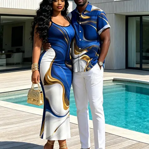 DRESSLILY Royal Blue Gold Fluid Abstract Marble Print Matching Couple Outfits - Men's Short Sleeve Shirt and Women's Spaghetti Strap Bodycon Maxi Dress Vacation Set Clothes Clothes Clothes
