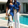 DRESSLILY Royal Blue Gold Fluid Abstract Marble Print Matching Couple Outfits - Men's Short Sleeve Shirt and Women's Spaghetti Strap Bodycon Maxi Dress Vacation Set Clothes Clothes Clothes