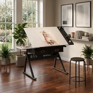 Adjustable Drawing Drafting Table Desk with 2 Drawers & Stool (White)