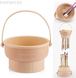 Multifunctional makeup brush storage box with cleaning bowl. Adhesive silicone rack realizes cleaning and drying integration. Practical cosmetic tool organizer, tidy storage space, easy to clean brushes, ideal daily makeup auxiliary accessory