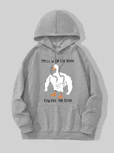 Women's Cartoon Goose & Letter Print Drop Shoulder Hoodie, Graphic Print Hoodie, Fashion Casual Drawstring Pocket Hooded Sweatshirt, Casual Streetwear Sweatshirt for Daily Holiday Outdoor Wear, Women Clothing for Fall & Winter