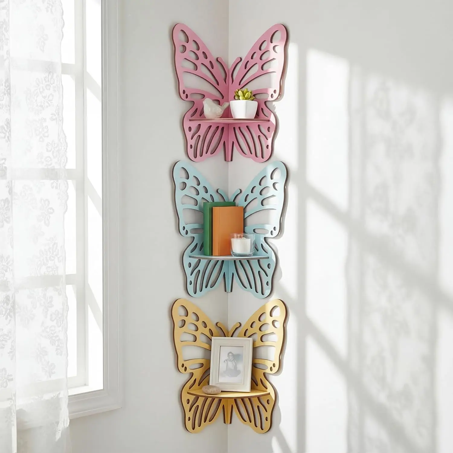Novabright 3 Pcs Butterfly Floating Corner Shelves Butterfly Wall Mounted Shelves Colorful Decorative Corner Wall Shelf Wood Storage Display Shelf for Nursery Home Bedroom Bath Decor(Macaron Color)
