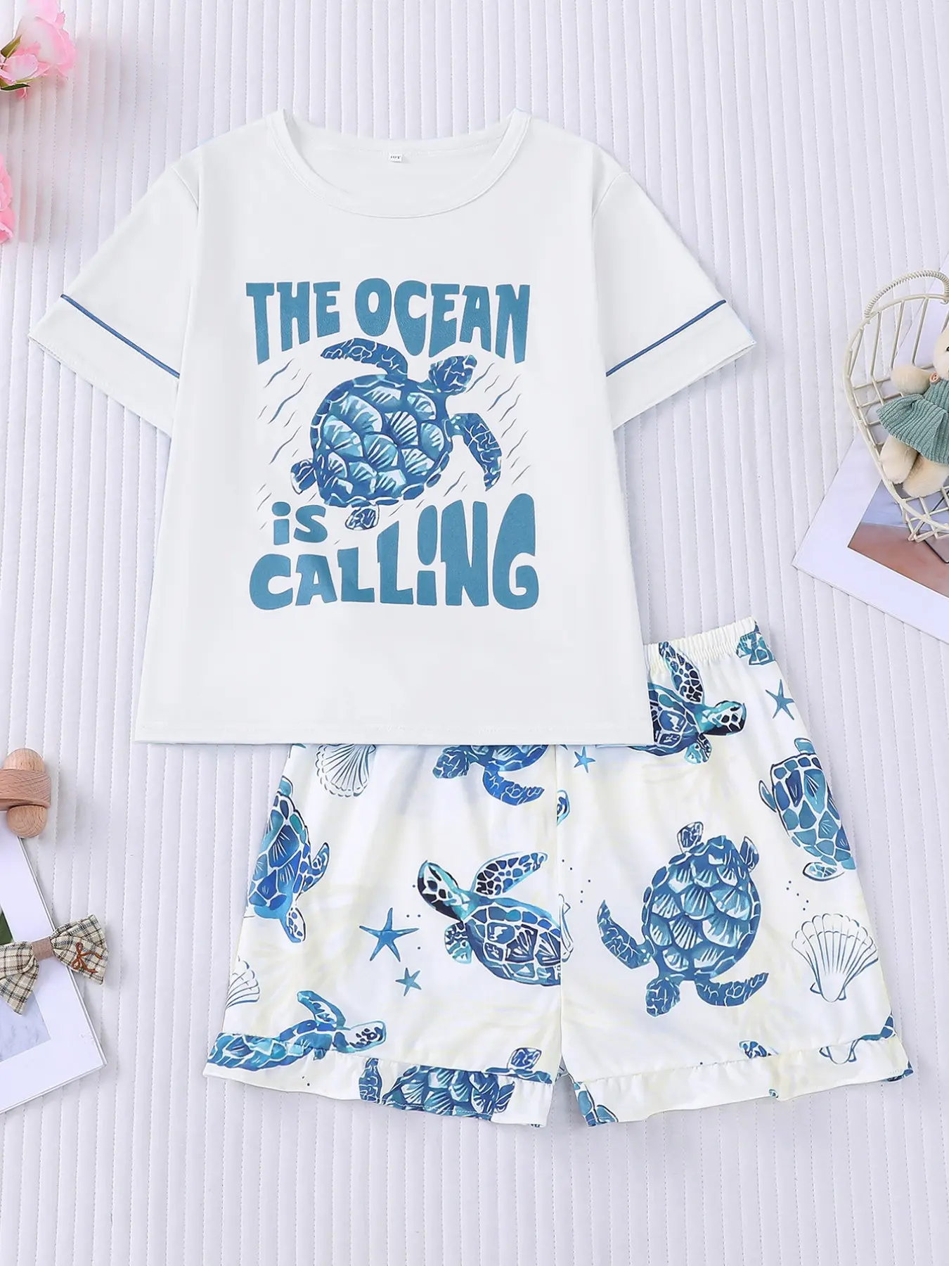 Sleepwear Set 2-Piece Summer Pjs New Washable Fire Retardant Blue Turtle Print Boys Girls Casual Comfort Short Sleeve Home Wear