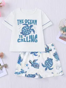 Sleepwear Set 2-Piece Summer New Washable Fire Retardant Blue Turtle Print Boys Girls Casual Comfort Short Sleeve Home Wear Pajama Set