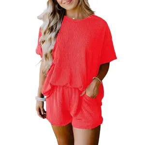Women's 2 Piece Sets Ribbed Textured Knit Casual Short Sleeve Top and Shorts Set