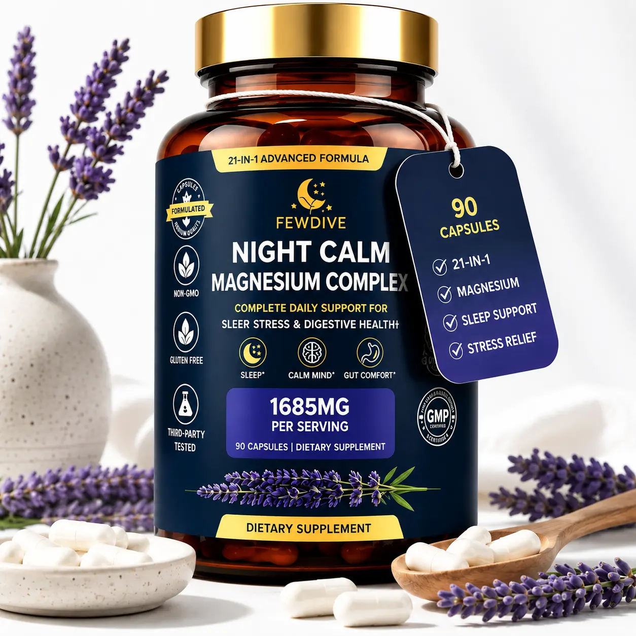 FEWDIVE 21-in-1 Magnesium Complex 1685mg, Magnesium with Zinc & Vitamin B6 | Support Stress Relief, Restful Sleep, Muscle Function, Digestive Health, Mood & Focus, Memory Support Supplement, 90 Capsules