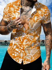 Men's Hawaiian Style Short Sleeve Shirt, Orange Tropical Plant Pattern Casual Beach Top