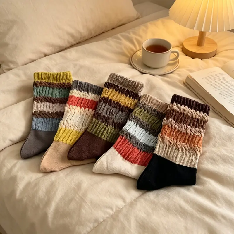 Women's 5-Pair Fall Winter Striped Mid-Calf Socks - Cotton, Elastic Knit Fabrics, Loose Non-Tight, Comfortable, Warm, Cute Patterns, Polyester (Party Accessory)