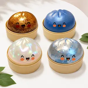 Glitter Dumpling Squishy Toy with Steamer Box, Soft Sensory Squeeze Fidget for Stress & Anxiety Relief, Mystery Glitter Bun, Cute Desk Decor Gift for Kids & Adults