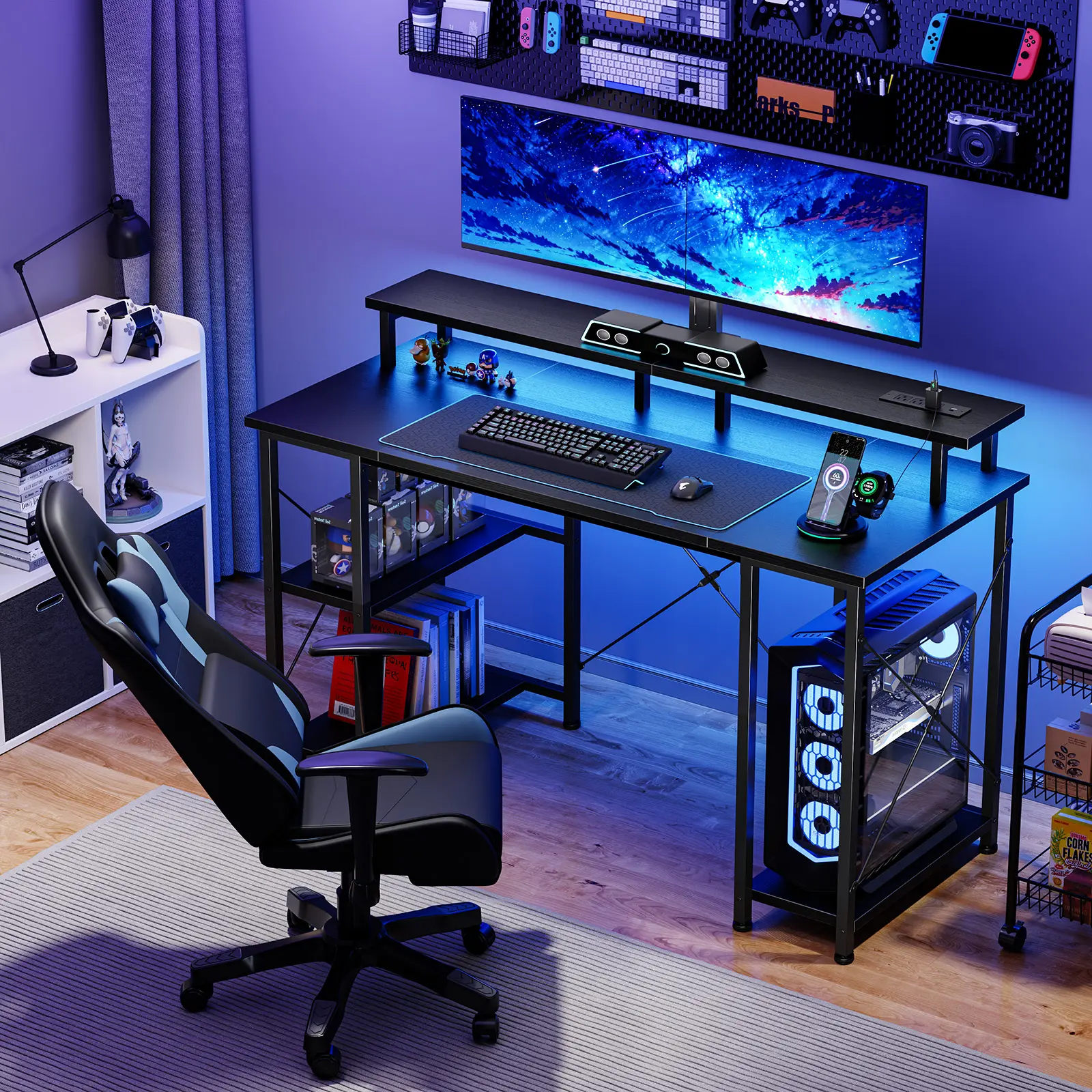 RGB Gaming Desk with Power Outlet & USB Ports - Computer Desk with Full Monitor Stand & Reversible Storage Shelves for Small Spaces
