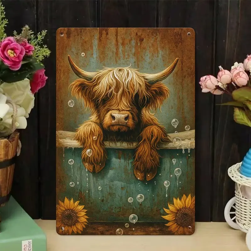 Vintage Highland Cow Bubble Bathtub Decorative Wall Sign - 8x12in Waterproof Metal Tin Plaque, Distressed Rust-Teal Background, Sunflower Animal Print, Hanging Rustic Design, Casual Retro American Country Style Home Signs for Bathroom Farmhouse Decor, Ani