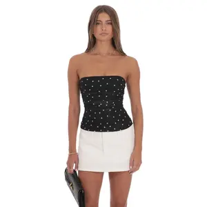Mesh Polka Dot Ruched Tube Top in Black