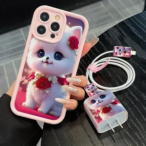 Cute Cat Pattern Phone Case with Charger Saver & Cable Protector & Storage Rope, Anti-drop Cellphone Protective Case, Total Protective Shockproof Mobile Phone Cover for iPhone, Casing