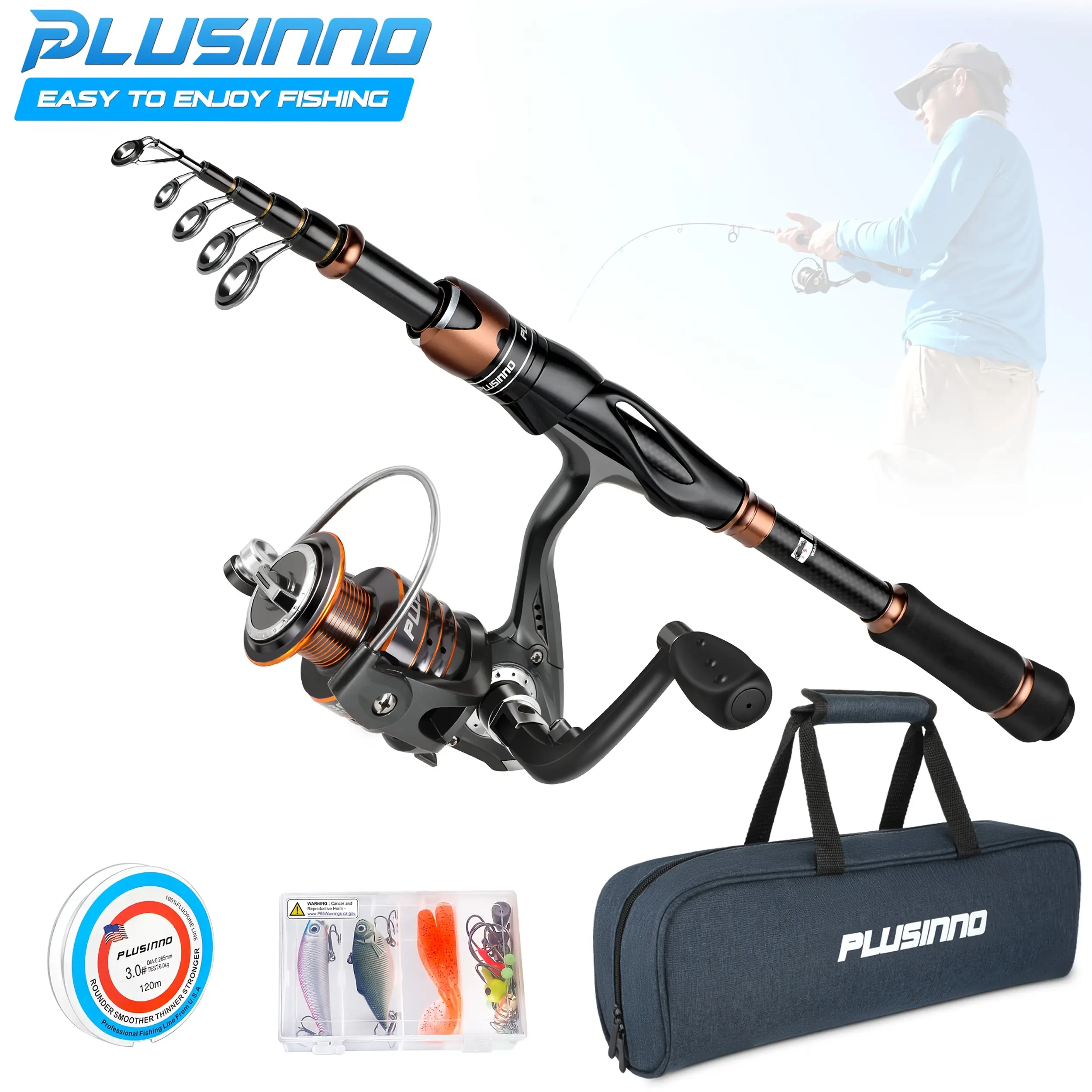 PLUSINNO Premium Fishing Rod and Reel Combo - Carbon Fiber Matrix Telescopic  Rod, with 12+1