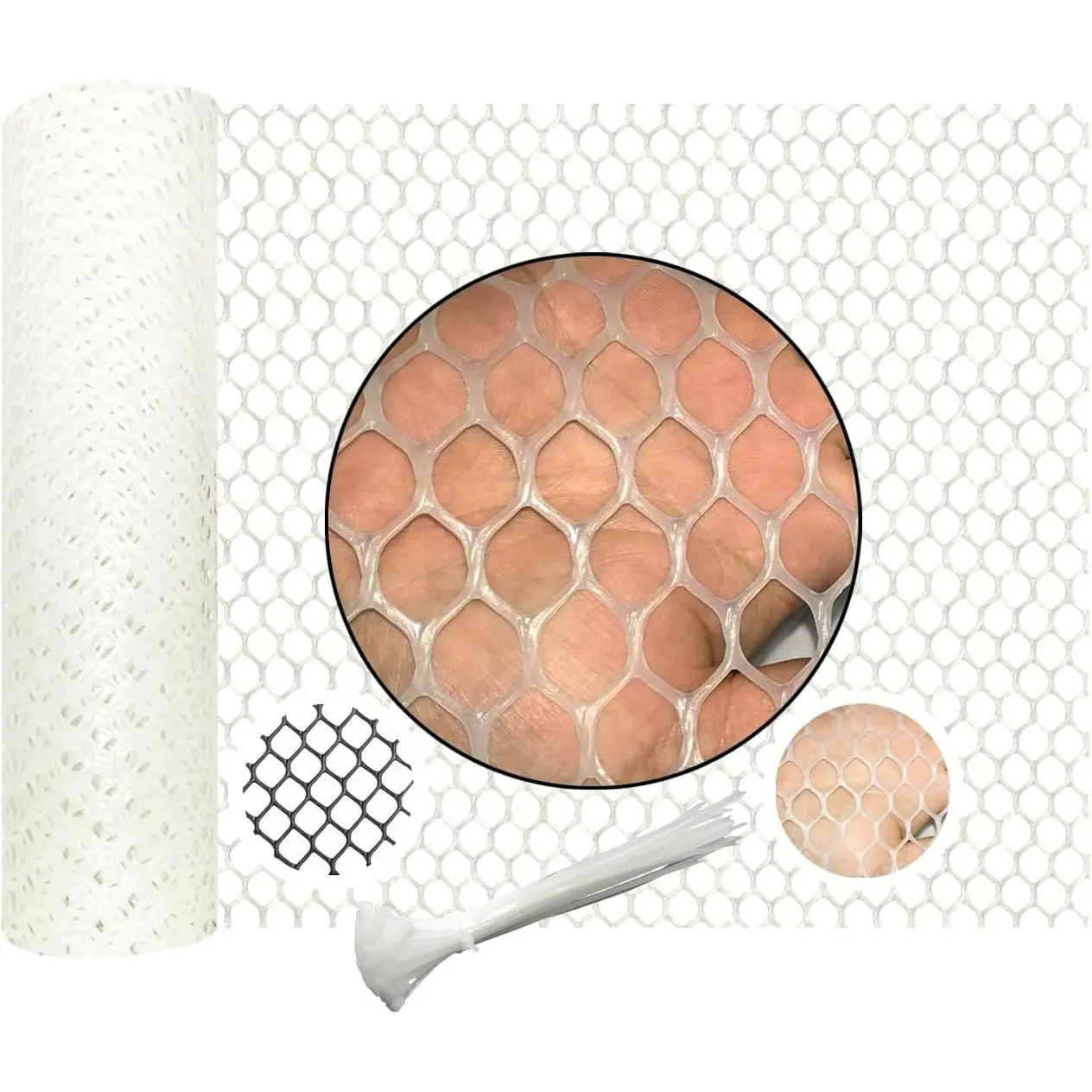 White Plastic Wire Mesh Fence Plastic Chicken Wire Fence Mesh 7.87IN x5.91FTbest for Poultry, Cat,Dogs, Rabbit, Snake & Gardening Plastic Chicken Wire Mesh,with 25 count Fixed Straps