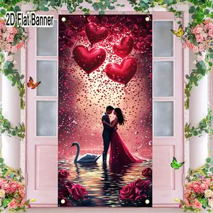 2D flat banner, 1pcRomantic Couple Shallow Water Embrace Backdrop - Red Heart Balloons, Pink Rose Petals, White Swan Decor for Love Theme Partygalentines party decor, valentine day decor, decorations for valentines day