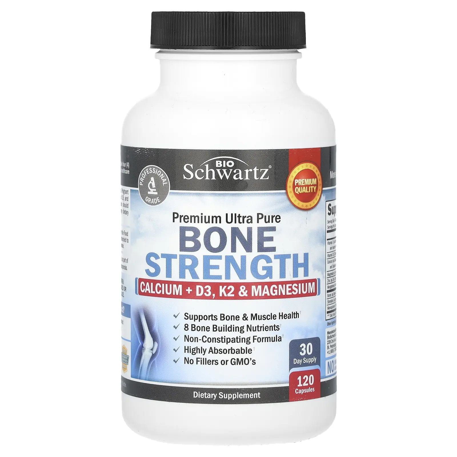 BioSchwartz Premium Ultra Pure Bone Strength, Calcium + D3, K2 & Magnesium, 120 Capsules