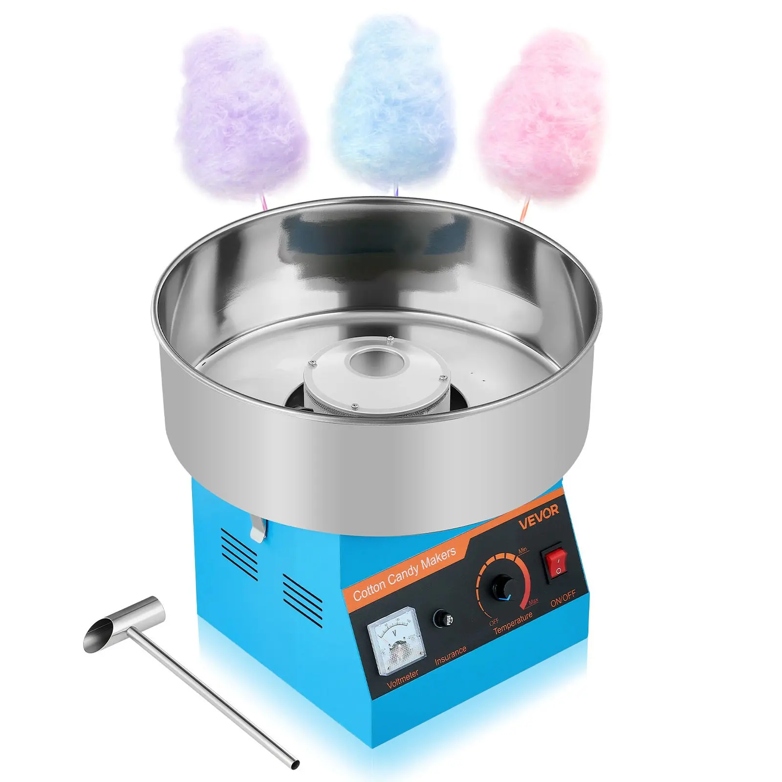VEVOR Commercial Cotton Candy Machine, 1000W Electric Motor Maker, Beginner-Friendly with 15-in Stainless Bowl, 2800r/minute Speed, 10.65 lb Capacity, 3.7 oz Sugar Scoop & Overheat Guard, Blue for Home Kids' Birthday Hard Treats, Easy To Install & Detach