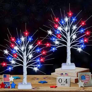 Patriotic Tree Shape Timer Decoration Light Set, 2pc 18-in with 24 LED Red White Blue Star Ornaments, USB/Battery-Operated 4th of July Decor with Timer On/Off Switch, Independence Day Home Table Party Gifts