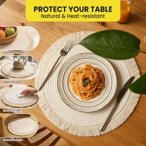 Round Woven Placemats with Tassels, 8 Pack Boho Braided Table Mats, 13.39 Inch (34cm) Heat Resistant Non-Slip Cotton Rope Place Mats for Dining Table, Kitchen, Wedding, Party Home Decor, Beige