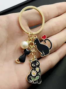Chic Trendy Cute Black Enamel Punk Animal Pattern Cat Keychain with Pearl Accents - Durable Zinc Alloy, Elegant Style for Car Keys, Backpacks & Wallets
