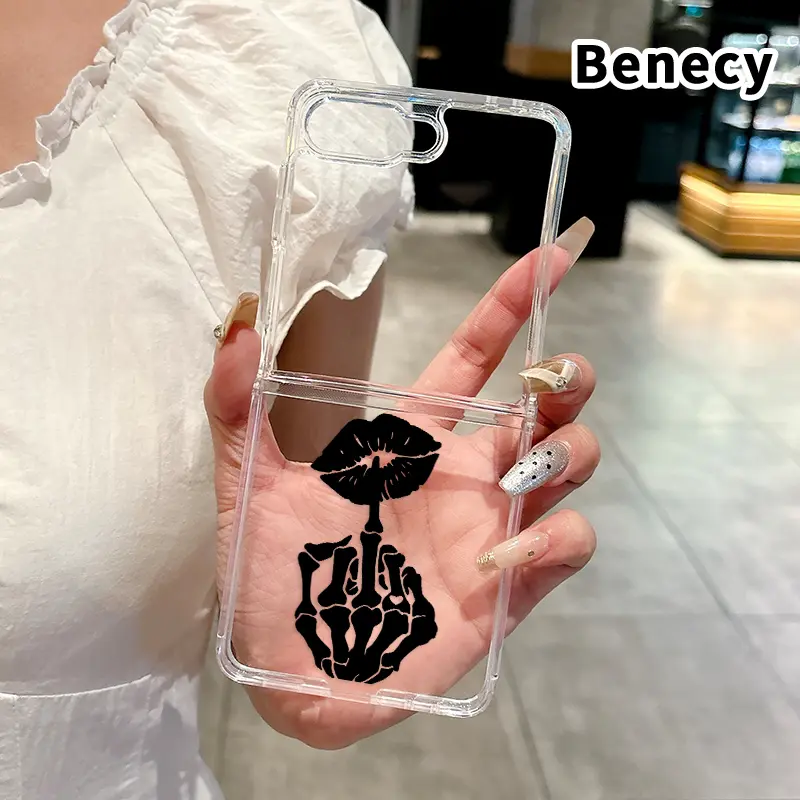 Skeletal Kiss Gesture Pattern Phone Case for Z Flip 7/6/5/4 Folding Phone Case with Central Axis Protection and Full Lens Coverage