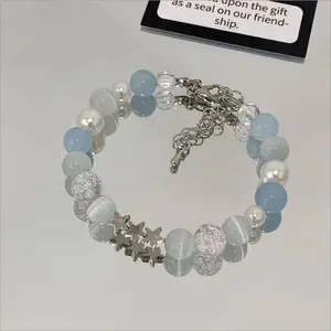 The new fog sea blue beaded bracelet is fresh and sweet, and the temperament is white. The bow bracelet is a gift for niche high-end beads.