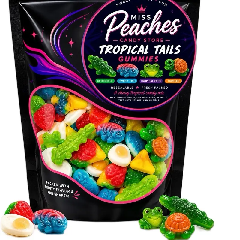 Miss Peaches Sweet and Sour Tropical Gummies - Resealable Fresh Packaged Tropical Candy Mix with Crocodile Swirl Fish , Turtle Shapes and many more!