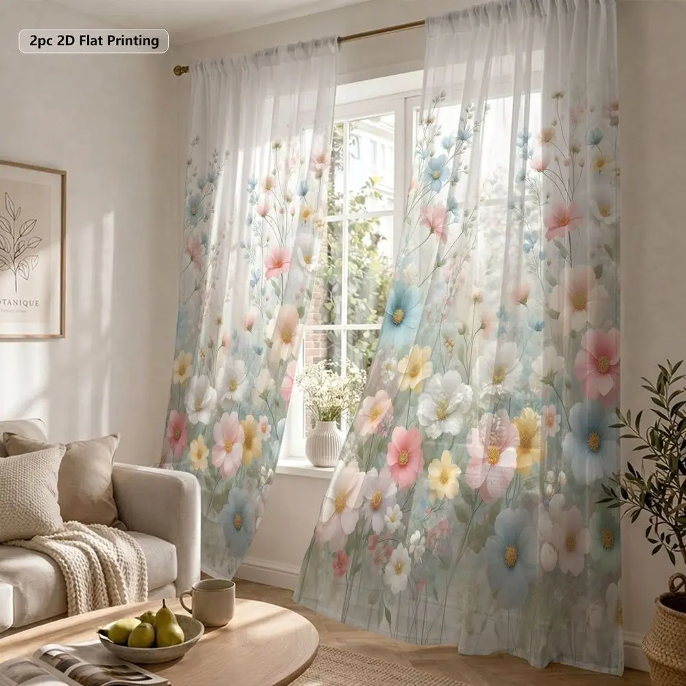 2pcs Floral Sheer Curtains, Pastel Ethereal Bloom Print Privacy Panels for Living Room & Bedroom, Multi-Color Light Filtering Polyester Window Drapes, Home Decorative Curtain, Home Decoration Curtain