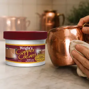 Wright's Copper and Brass Cream Cleaner 8 oz,tarnish remover,cream polish,no scratch,fast acting,mirror shine,protective coating,anti-tarnish,bronze,cookware,copper mugs,pots,pans,sinks,range hoods,doorknobs,antiques,collectibles,cloth,rinse,buff dry,USA