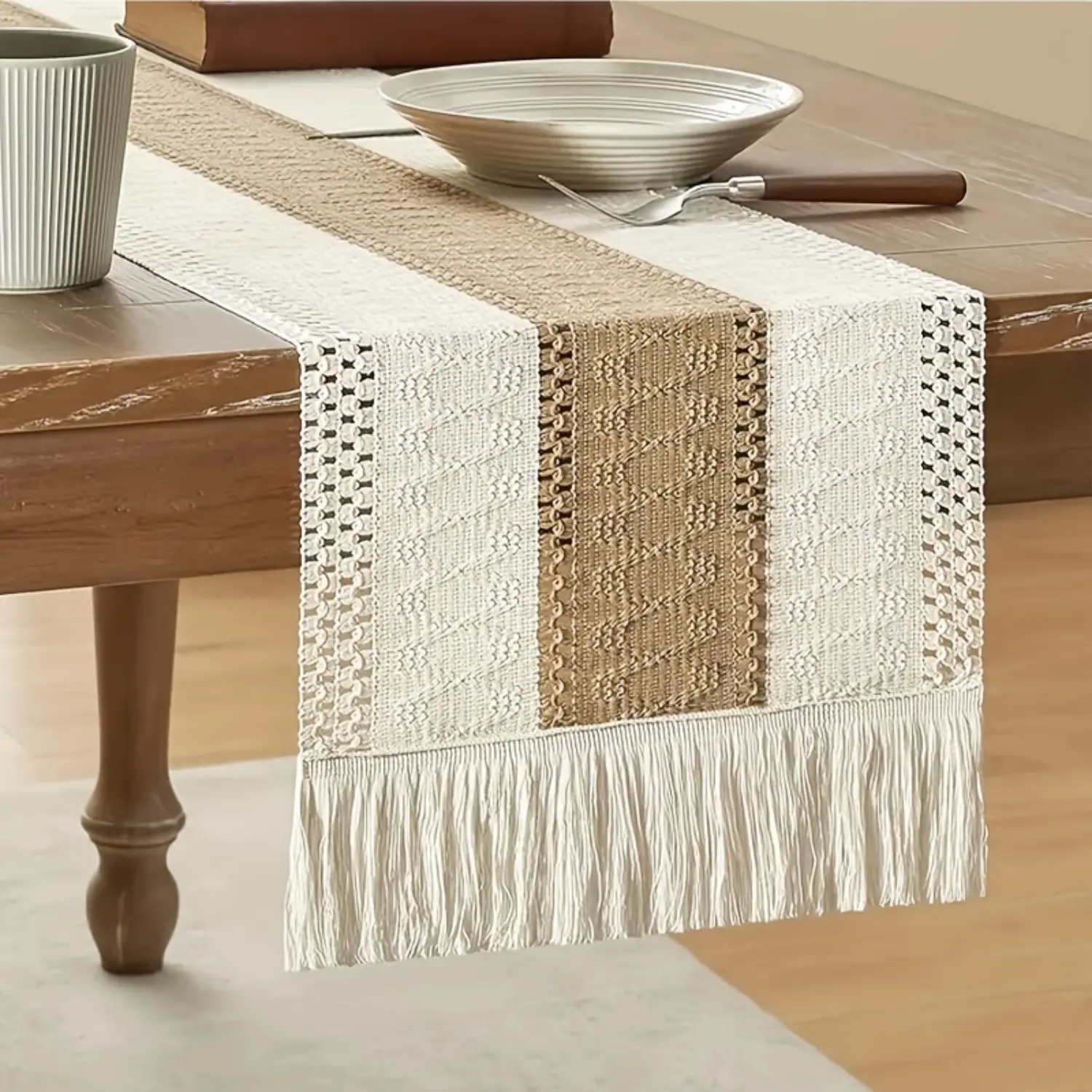 Bohemian Woven Crochet Lace Rectangle Table Runner with Tassels - All Seasons Home & Festive Decor, Suitable for Weddings, Themed Living Spaces