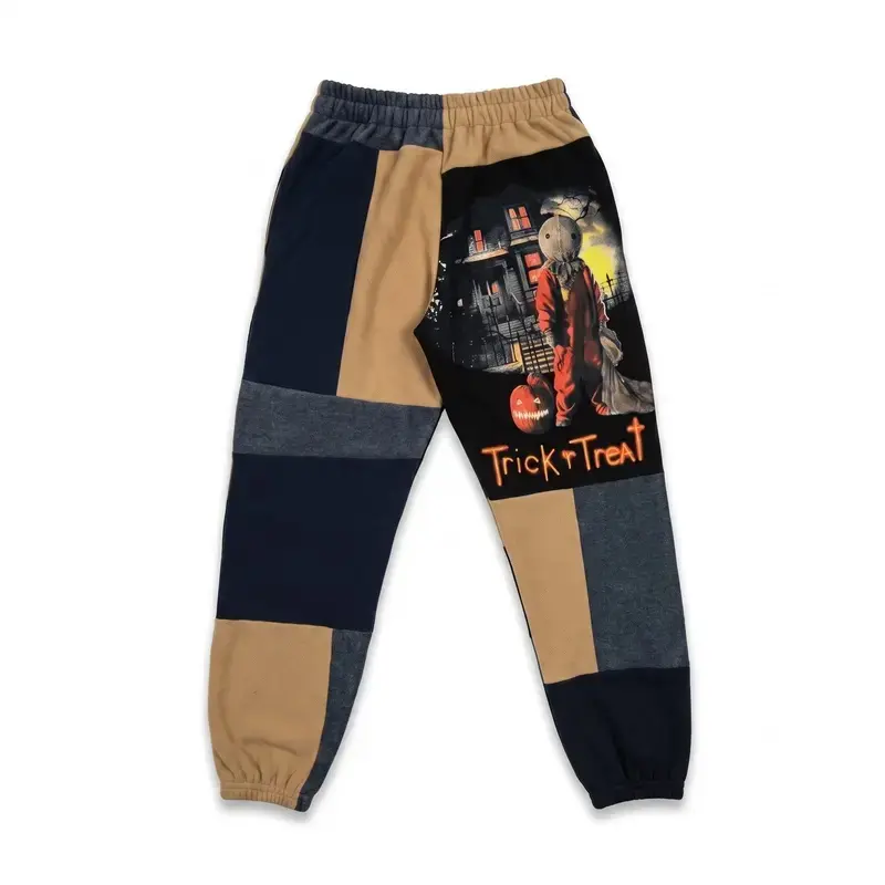 Trick Or Treat Sam Halloween Sweatpants, Brown & Black Patchwork Jogger Pants, Spooky Movie Streetwear Pants, Fall Winter Pants, For Men & Women, Gift For Horror Fans