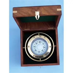 212 MAIN 4.5 in. Handcrafted Polished Solid Brass Double Gimbals Compass with Antique Look, Level Reading, Nautical Decor Accent & Rosewood Storage Box