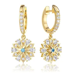 Sterling Silver Gold-Plated Snowflake Flower Hoop Earrings for Women, Hypoallergenic Cubic Zirconia Dangle Charms, Sparkly Holiday Christmas Fashion Jewelry, Dainty Birthday party Gift