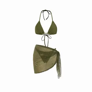 Cider Halter Neckline Triangle Bikini Set With Sequin & Bead Detail Sarong
