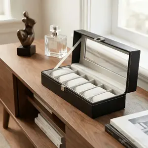 Light luxury window watch storage box, textured black high-end jewelry display case with independent compartments, transparent top cover for clear visibility. A collection display gift for the study, an exquisite treasure chest for watch enthusiasts