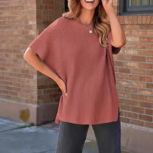2025Women’sGoingTopsTrend–OversizeDrop-ShoulderLoose-FitCrewneckShort-SleeveKnitSweaterPullover,CasualSoftCotton-BlendSummerWomenswearKnitwearforDailyWear,TrendyMulti-ColorTopsKnittingsweater