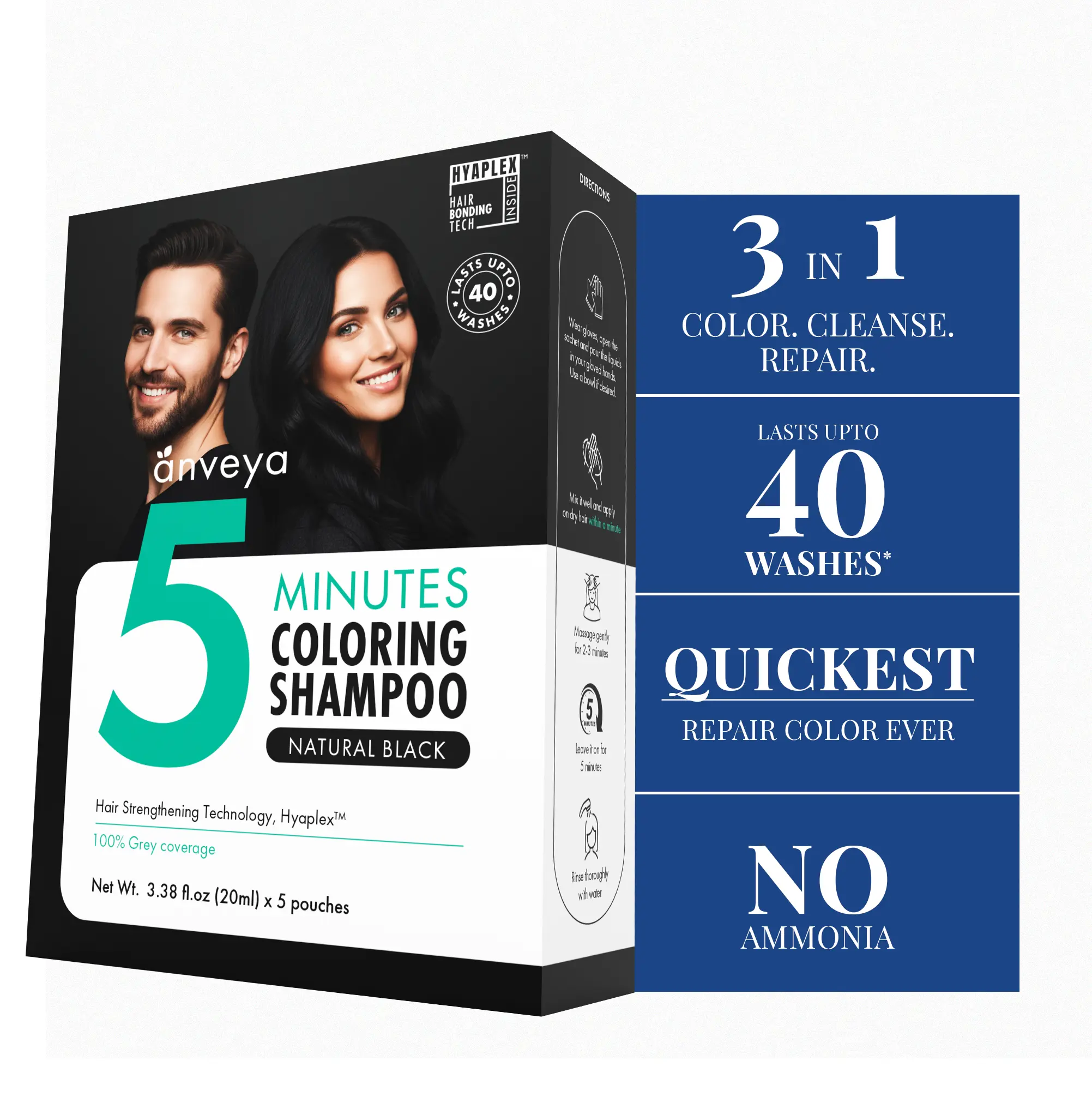 Anveya 3-in-1 Hair Dye Shampoo | Natural Black Hair Color | 5 Min 100% Grey Coverage | Anti-Stain, Ammonia Free, Cruelty-Free | Strengthens with Hyaluronic Acid & Arginine | Instant, Long-Lasting Fade-Resistant Black Color, Easy Use for Men & Women