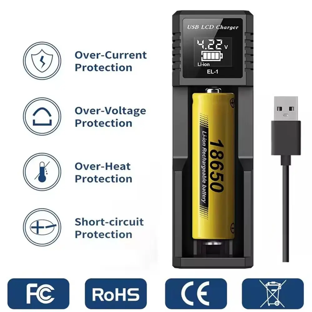 LCD Display USB Smart Charger (1/2 Slots), Compatible with 18650 3.7v Lithium Batteries and 1.2v Nimh Aa Aaa Batteries