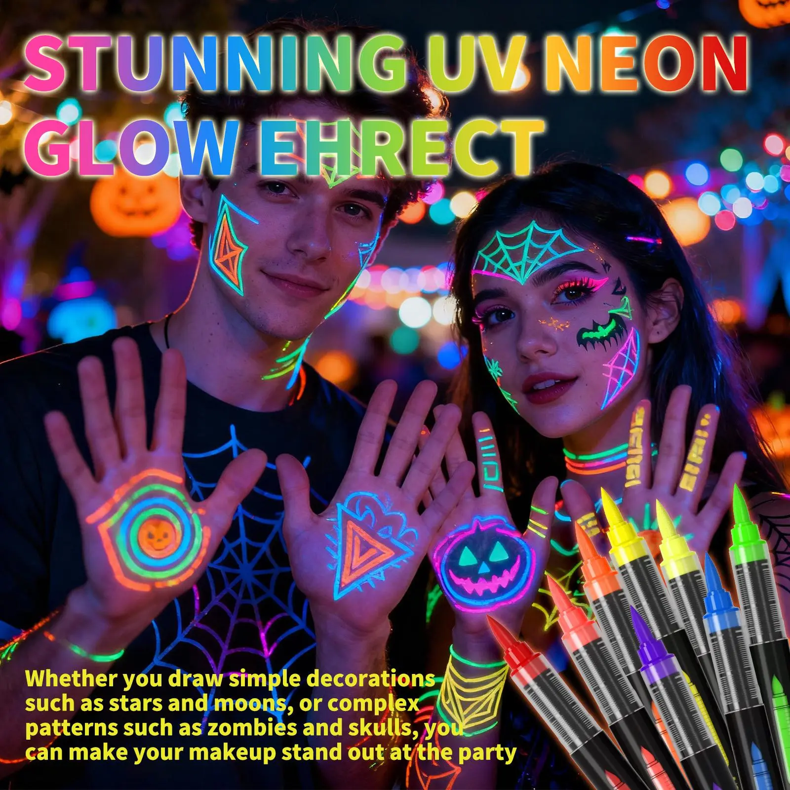Flysea New 8 Color Neon High Performance Glow Pen, UV Reactive for Parties, Halloween, Christmas, Disco Body & Face Paint, 8 Color Doodle Pens