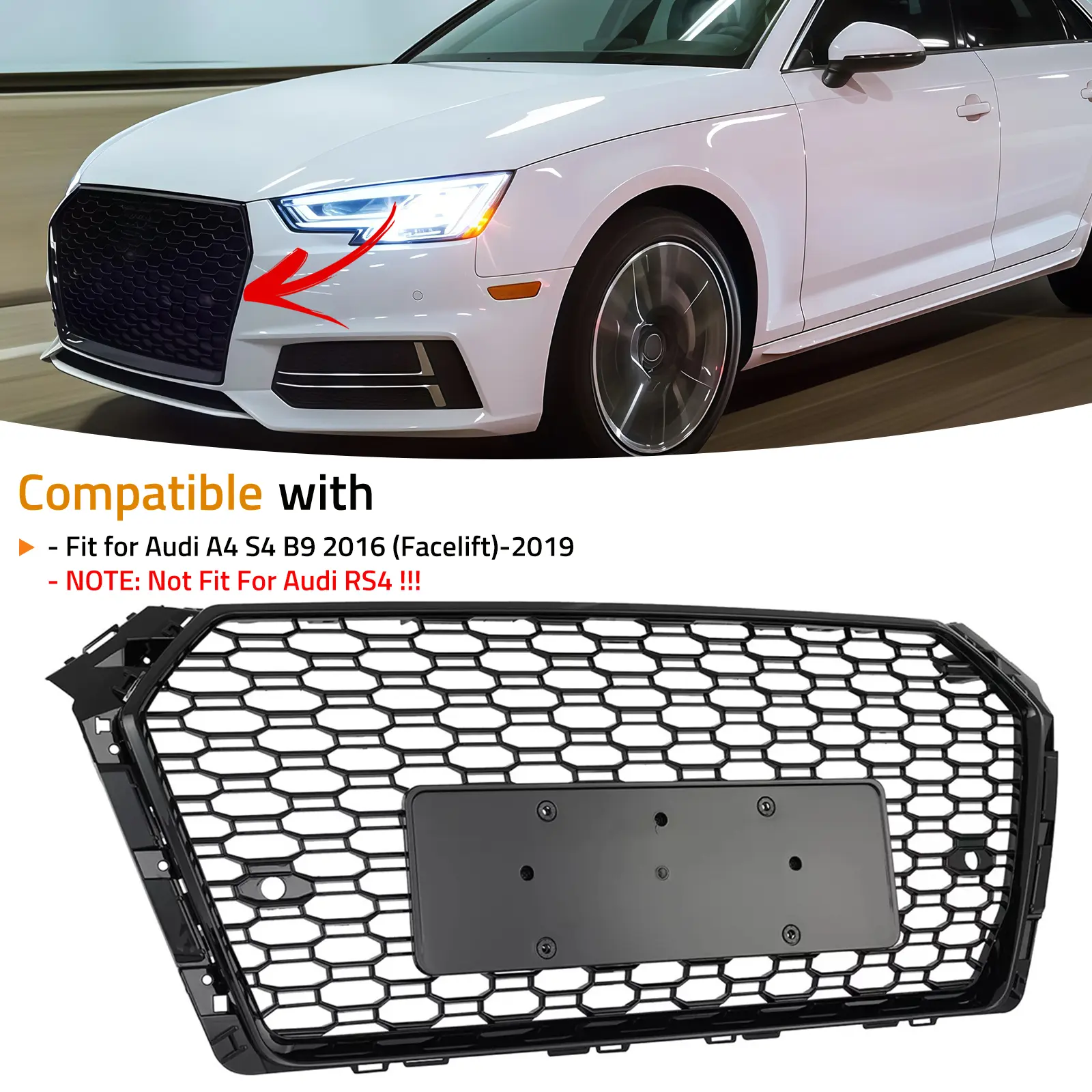2016-2019 RS-Style Honeycomb Front Grille Kit for (Post-Facelift)- Audi A4 S4 B9, Rs-Style Grill