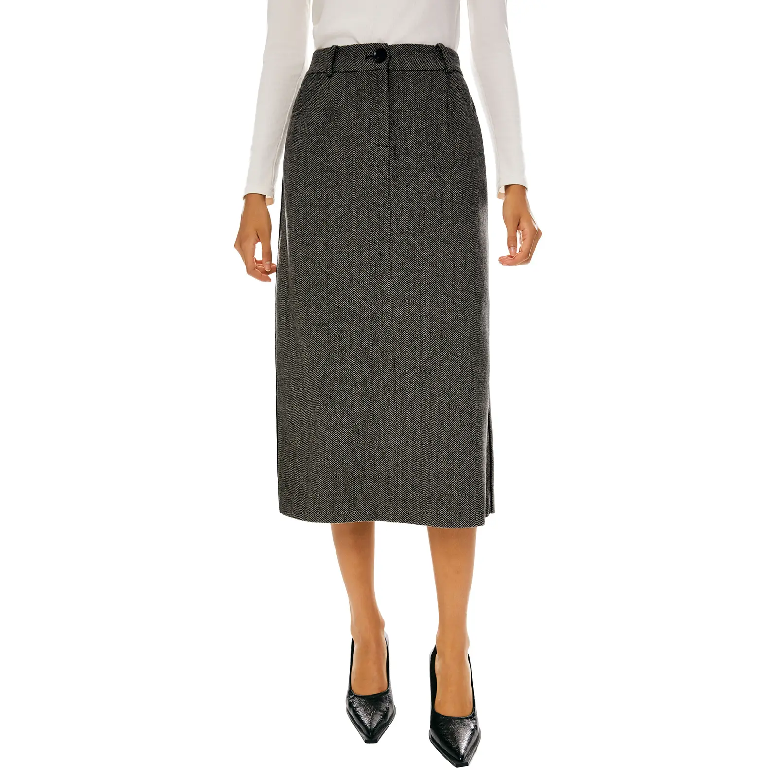 Orolay Women's High Waisted Elastic Wool Blend Midi Skirt, Straight Line Business Casual Skirt with Pockets for Versatile Style Womenswear Bottom