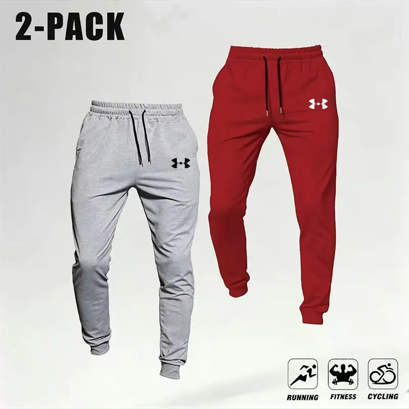 Men’s 2‑Pack Casual Loose Joggers – Soft Knit Stretch Fabric Sweatpants with Pockets, Barbell Print, Retro Street Style Sportswear, Autumn Fitness Base Layer, Men’s Sweatpants, sohochic