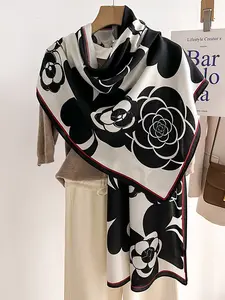 Autumn Winter Long Scarf, Camellia Print Neck Warmer, Floral Print Scarf, Multifunctional Shawl, Casual Soft Scarf, Warm and Stylish, Perfect for Cold Weather