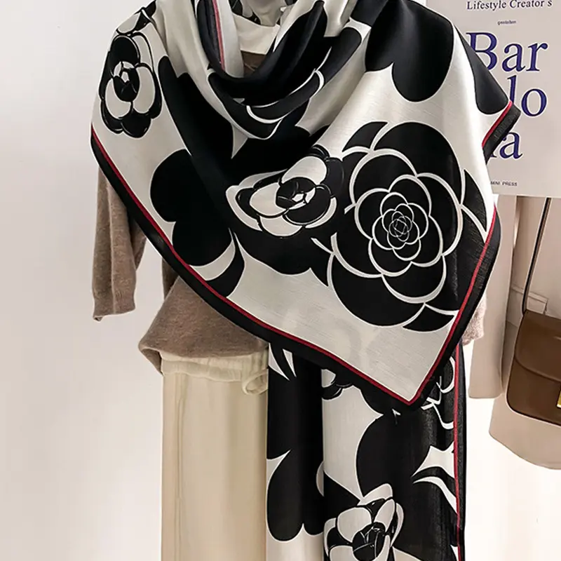 Autumn Winter Long Scarf, Camellia Print Neck Warmer, Floral Print Scarf, Multifunctional Shawl, Polyester Shawl, Casual Soft Scarf, Fashionable Scarf, Warm and Stylish, Perfect for Cold Weather