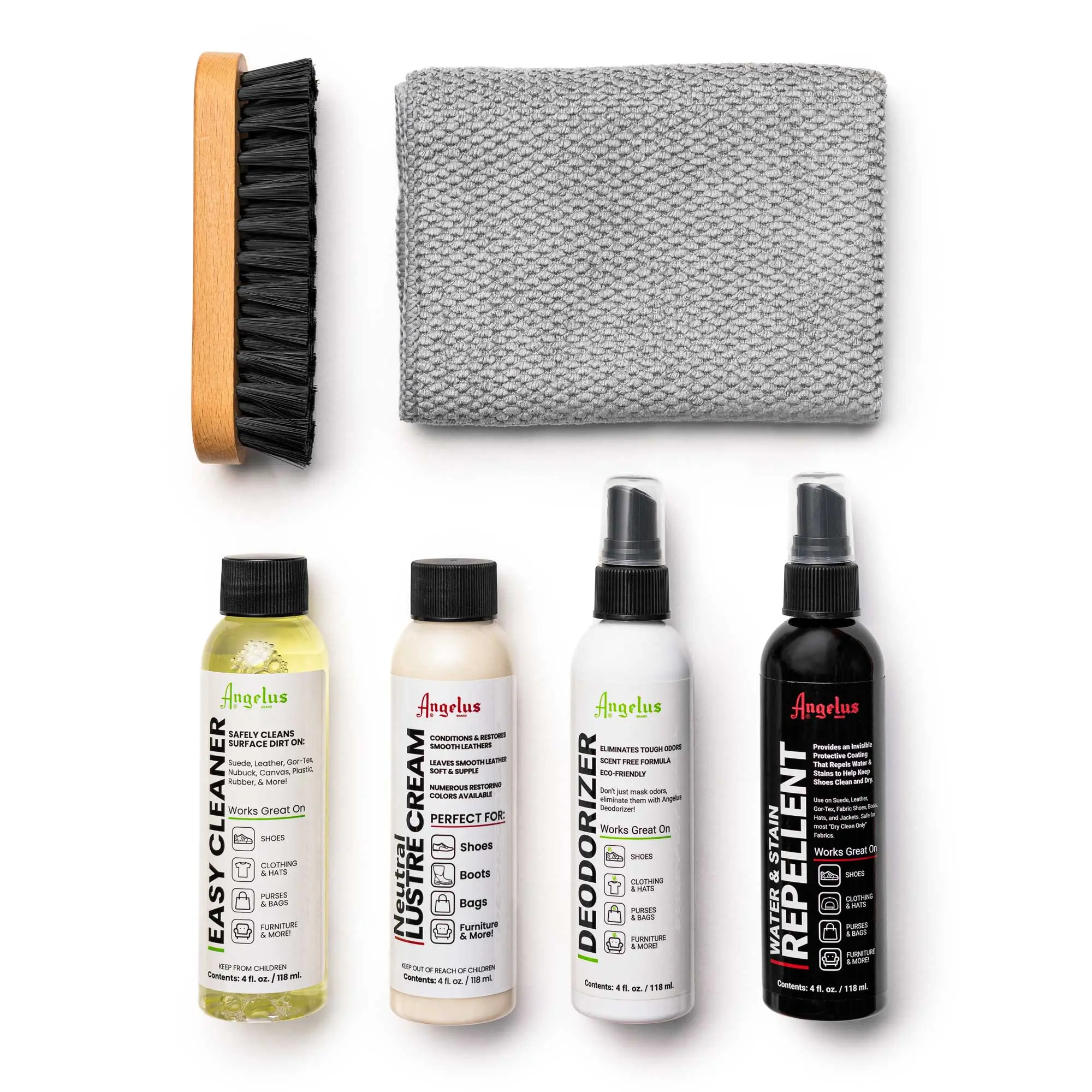 Angelus Ultimate Shoe Cleaning Kit - All-Footwear Care Set with Cleaner, Microfiber Towel, Repellent, Deodorizer, Lustre Cream, Brush for Sneakers, Boots, Leather, Suede