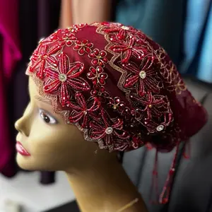 Emirate Beaded Turban - Red Floral Embellished Design with Beads and Tassels