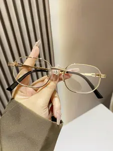 Women's Metal Geometric Pattern Eyeglass Frames, Vintage European Style Fashion Glasses, Trendy Unisex Plain Mirror Lens